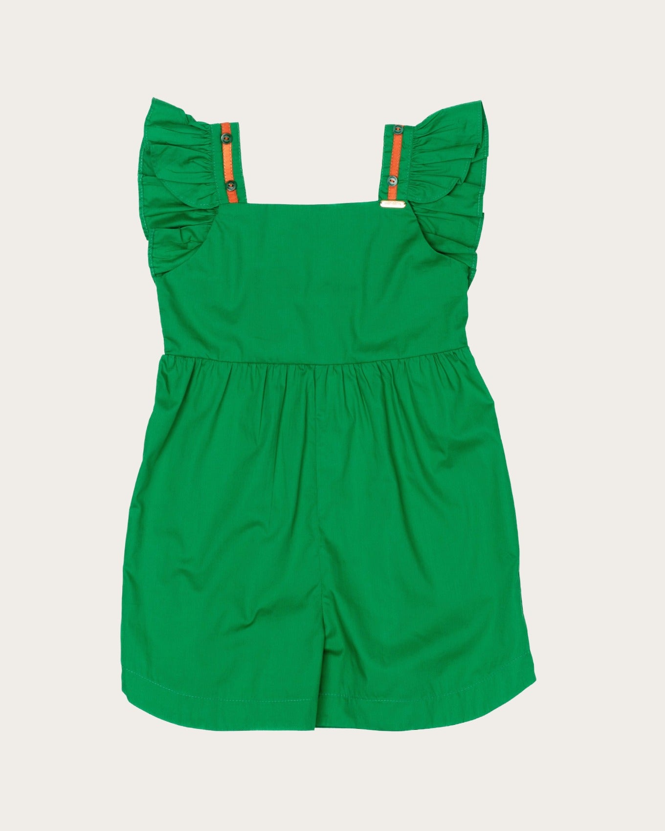 Macacao verde feminino infantil com alças largas e babados, ideal para meninas