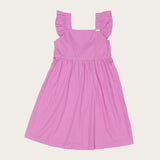 Vestido infantil lilás com alças largas e detalhes franzidos, saia solta