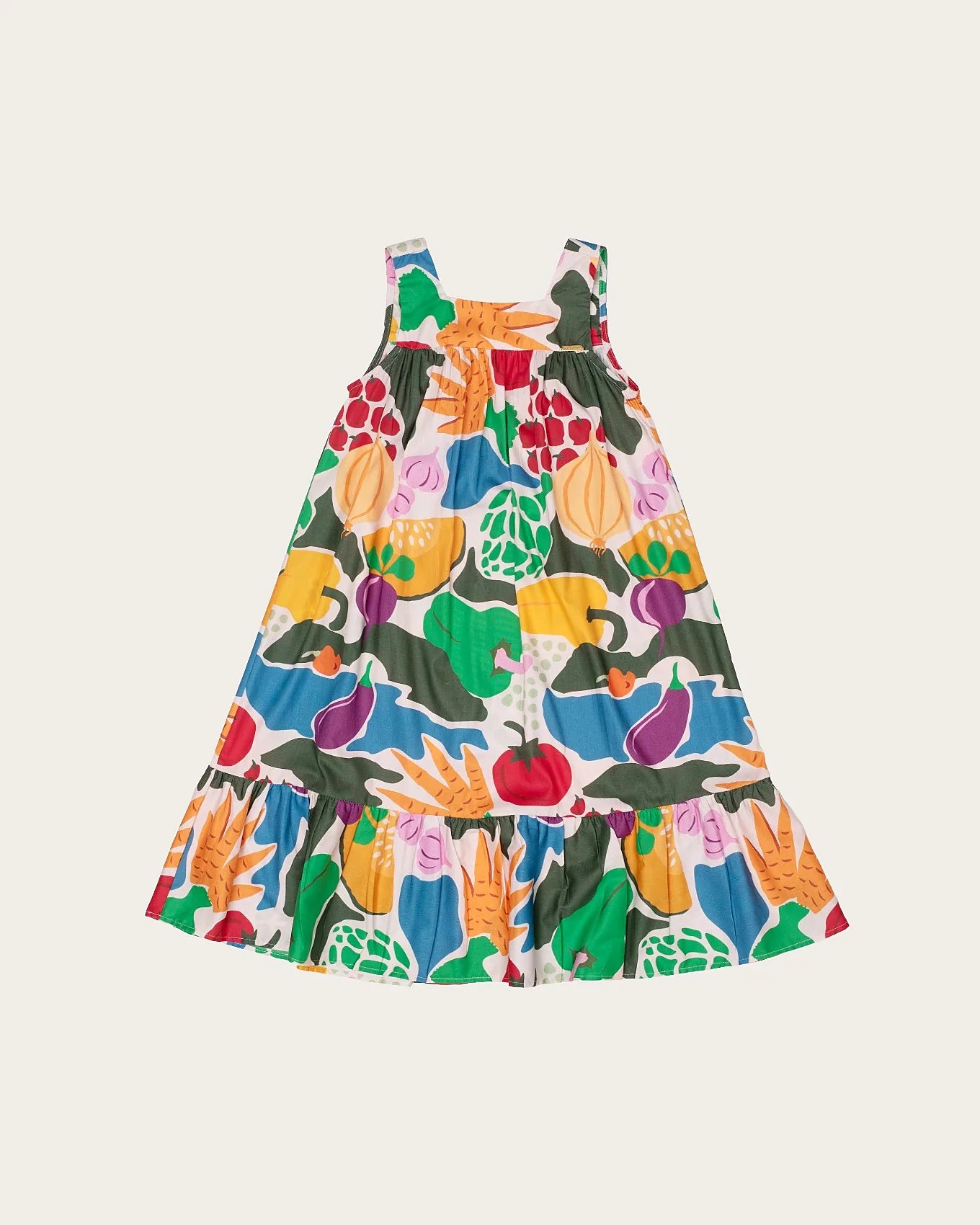 Vestido midi feminino infantil com estampa colorida de frutas e folhas, alças largas e saia rodada