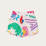 Conjunto infantil feminino com blusa de mangas amplas e shorts, estampa geométrica colorida