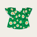 Conjunto infantil feminino com blusa verde de flores brancas e short branco