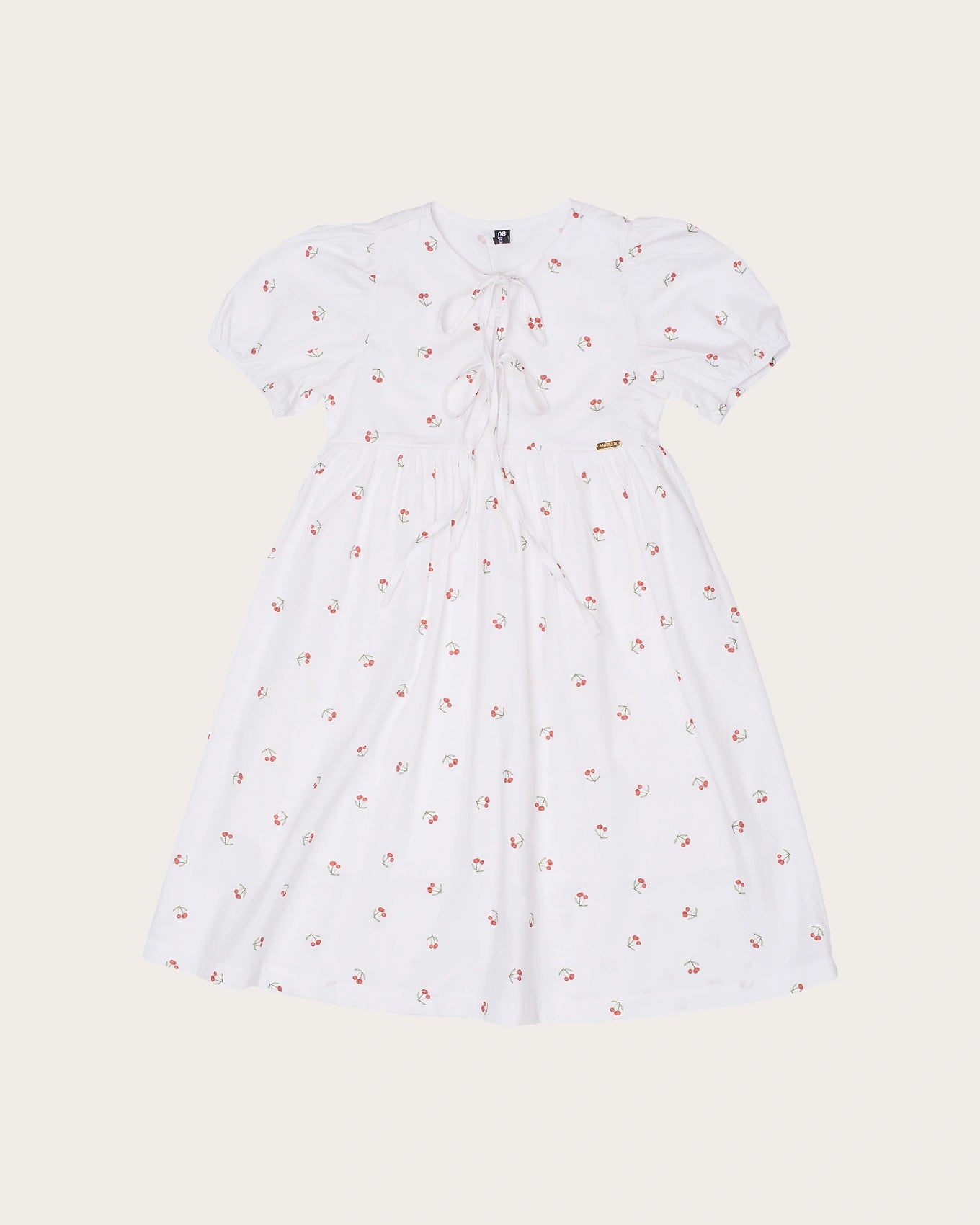 Vestido infantil com estampa de cerejinhas e mangas bufantes, saia rodada