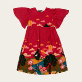 Vestido infantil com estampa de floresta, mangas amplas e comprimento longo