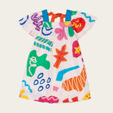 Vestido infantil com estampa colorida de formas geométricas e mangas amplas