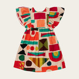 Vestido infantil com estampa geométrica colorida e mangas bufantes, ideal para meninas.