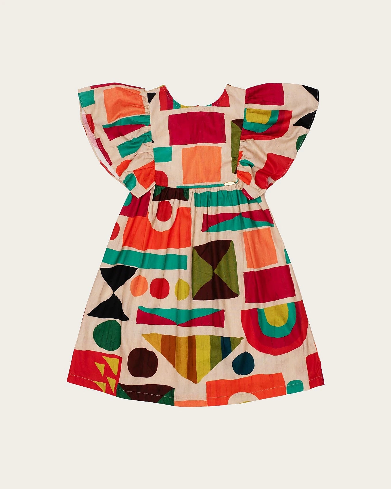 Vestido infantil com estampa geométrica colorida e mangas bufantes, ideal para meninas.