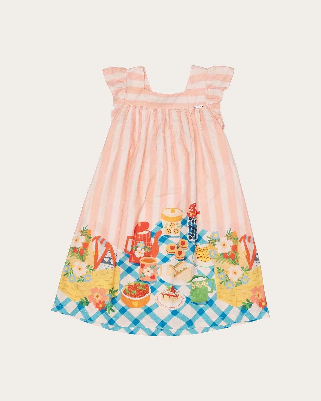 Vestido infantil com estampa de piquenique, alças com babados e saia ampla