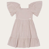 Vestido infantil com mangas amplas e saia rodada em tom neutro