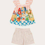 Conjunto infantil com blusa estampada de piquenique e short neutro