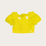 Conjunto infantil feminino com blusa amarela e short colorido estampado com formas geométricas e flores