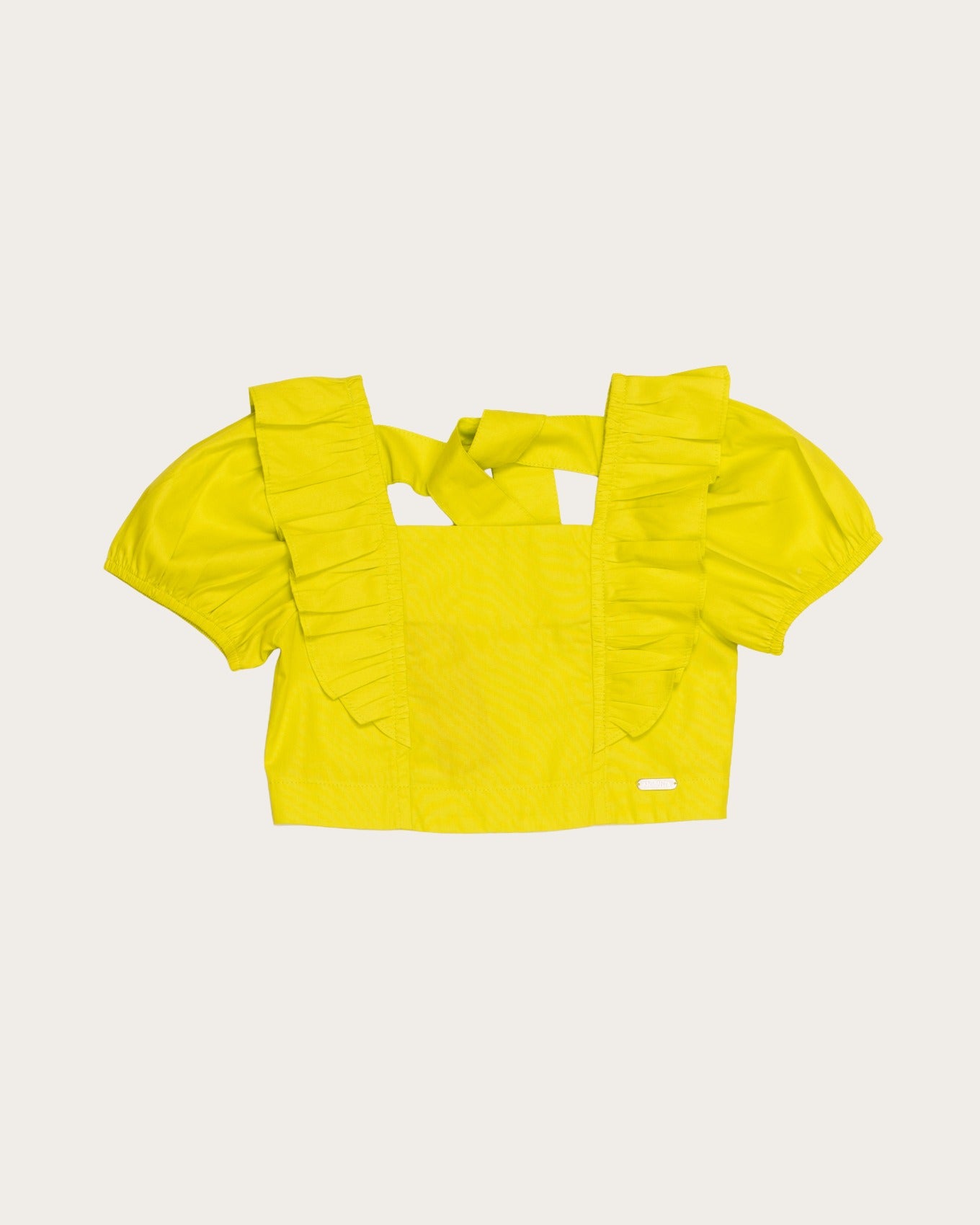 Conjunto infantil feminino com blusa amarela e short colorido estampado com formas geométricas e flores