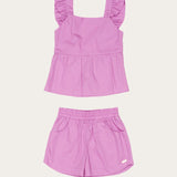 Conjunto infantil feminino lilás com blusa de alças largas e short, detalhes em babados