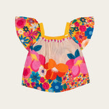 Conjunto infantil feminino com blusa floral colorida e short amarelo