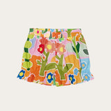 Conjunto infantil feminino com blusa de alças largas e saia, estampa floral colorida