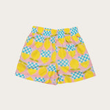 Conjunto infantil feminino com blusa de alças largas e short, estampa geométrica em amarelo e rosa