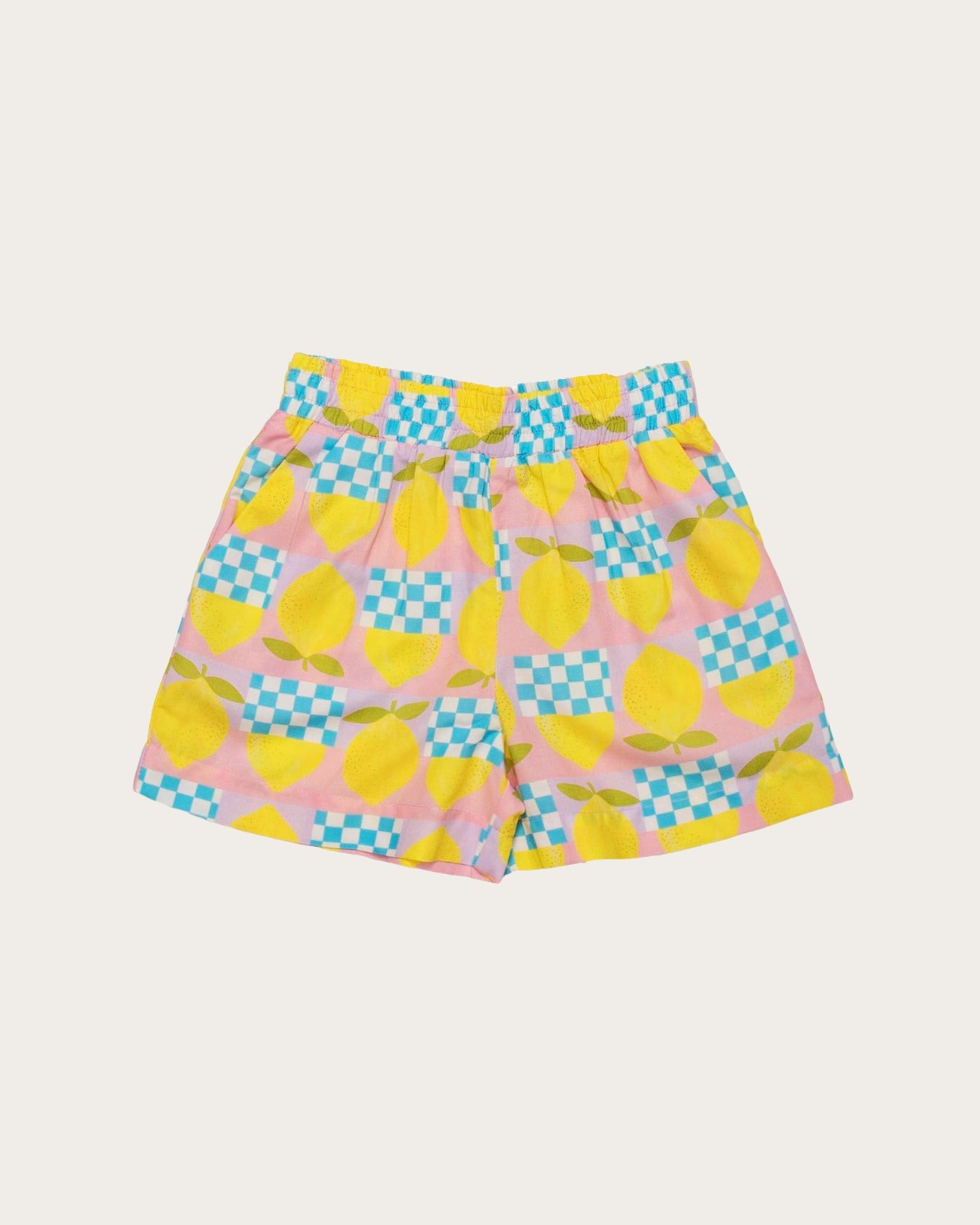 Conjunto infantil feminino com blusa de alças largas e short, estampa geométrica em amarelo e rosa