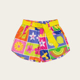 Conjunto infantil feminino com blusa amarela e short colorido estampado com formas geométricas e flores