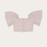 Conjunto infantil feminino com blusa de mangas amplas e saia rodada bege