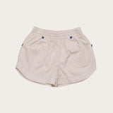 Conjunto feminino infantil com blusa de mangas amplas estampada em azul e branco e short claro