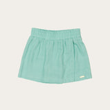 Conjunto feminino infantil com blusa de alças largas e saia curta, detalhes em camadas