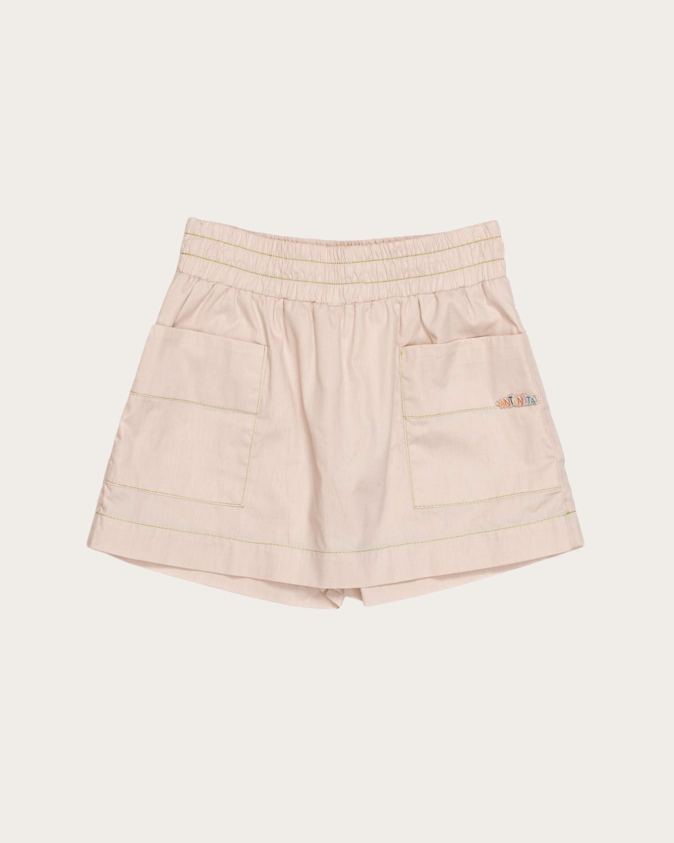 Conjunto infantil feminino com blusa de alças largas e short bege com bolsos