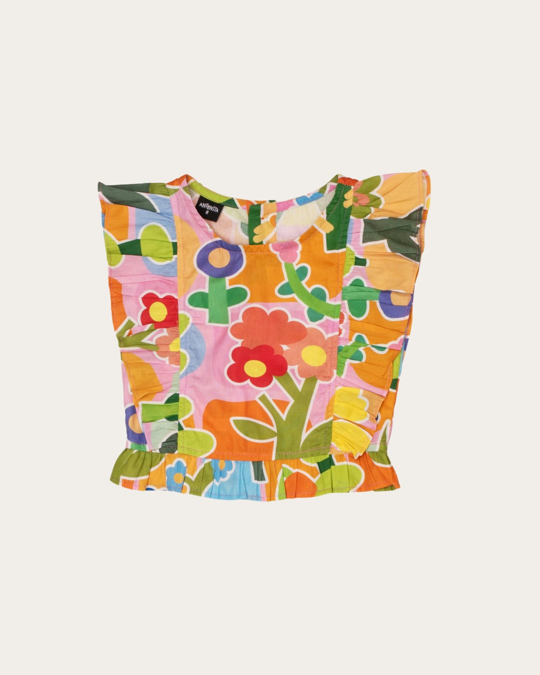 Conjunto infantil feminino com blusa de alças largas e saia estampada com flores coloridas