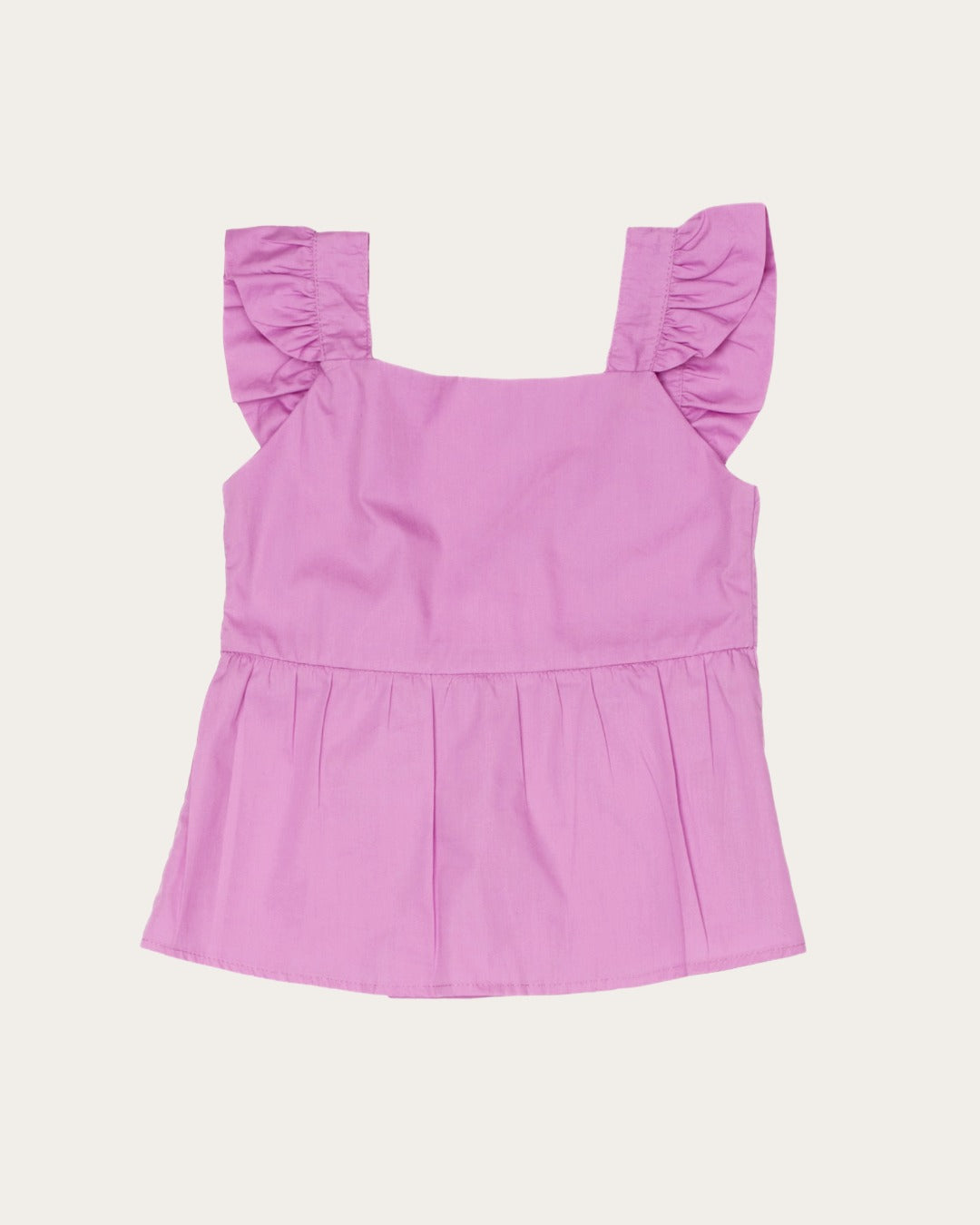 Conjunto infantil feminino lilás com blusa de alças largas e short, detalhes em babados