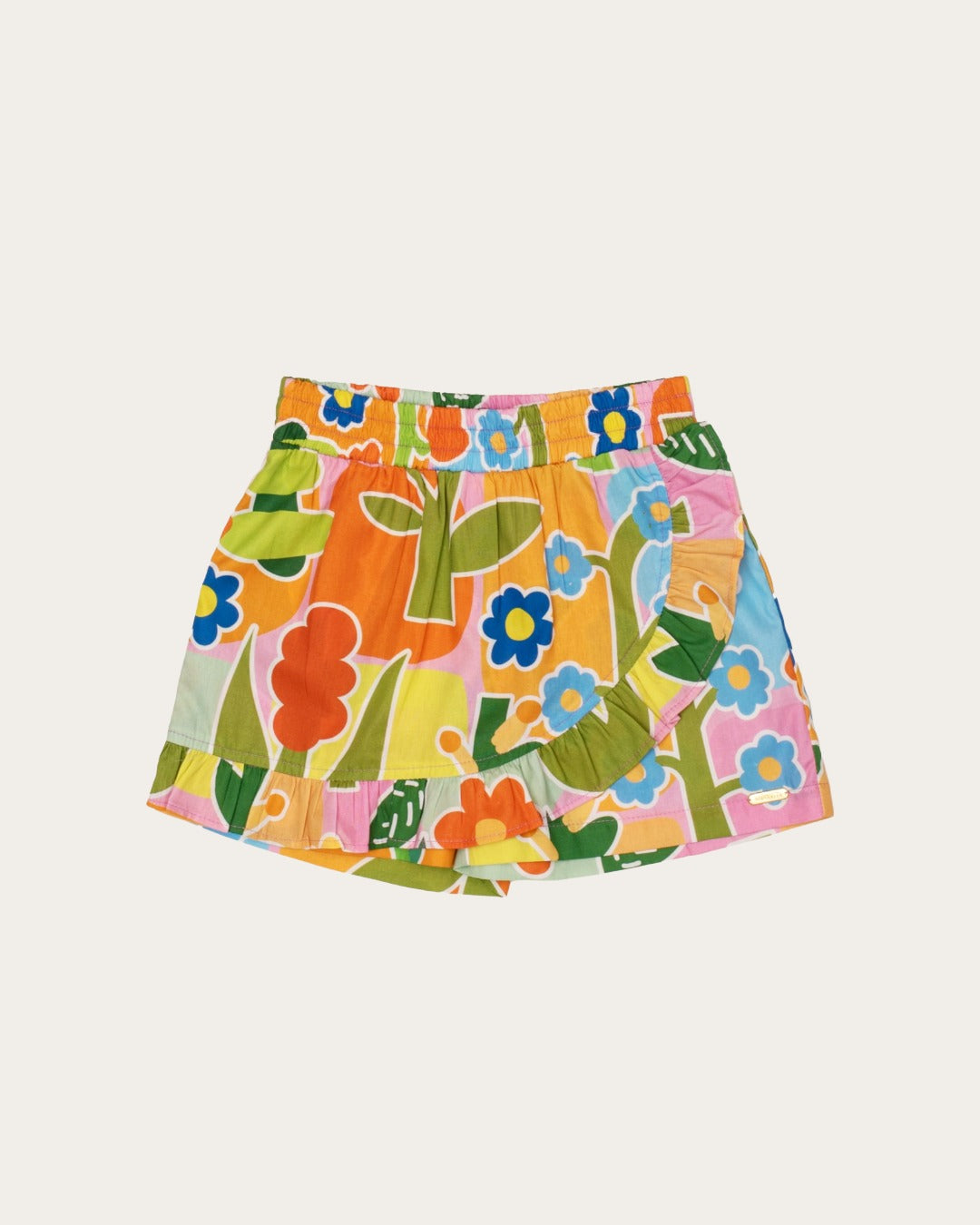 Conjunto infantil feminino com blusa de alças largas e saia estampada com flores coloridas