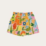 Conjunto infantil feminino com blusa de alças largas e saia estampada com flores coloridas