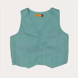 Conjunto feminino infantil com colete e calças largas, detalhe de botões no colete