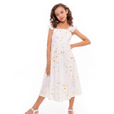 Vestido midi feminino infantil com alças largas, babados e estampa de estrelas