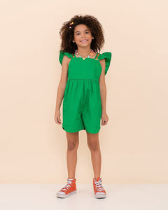 Macacao verde feminino infantil com alças largas e babados, ideal para meninas