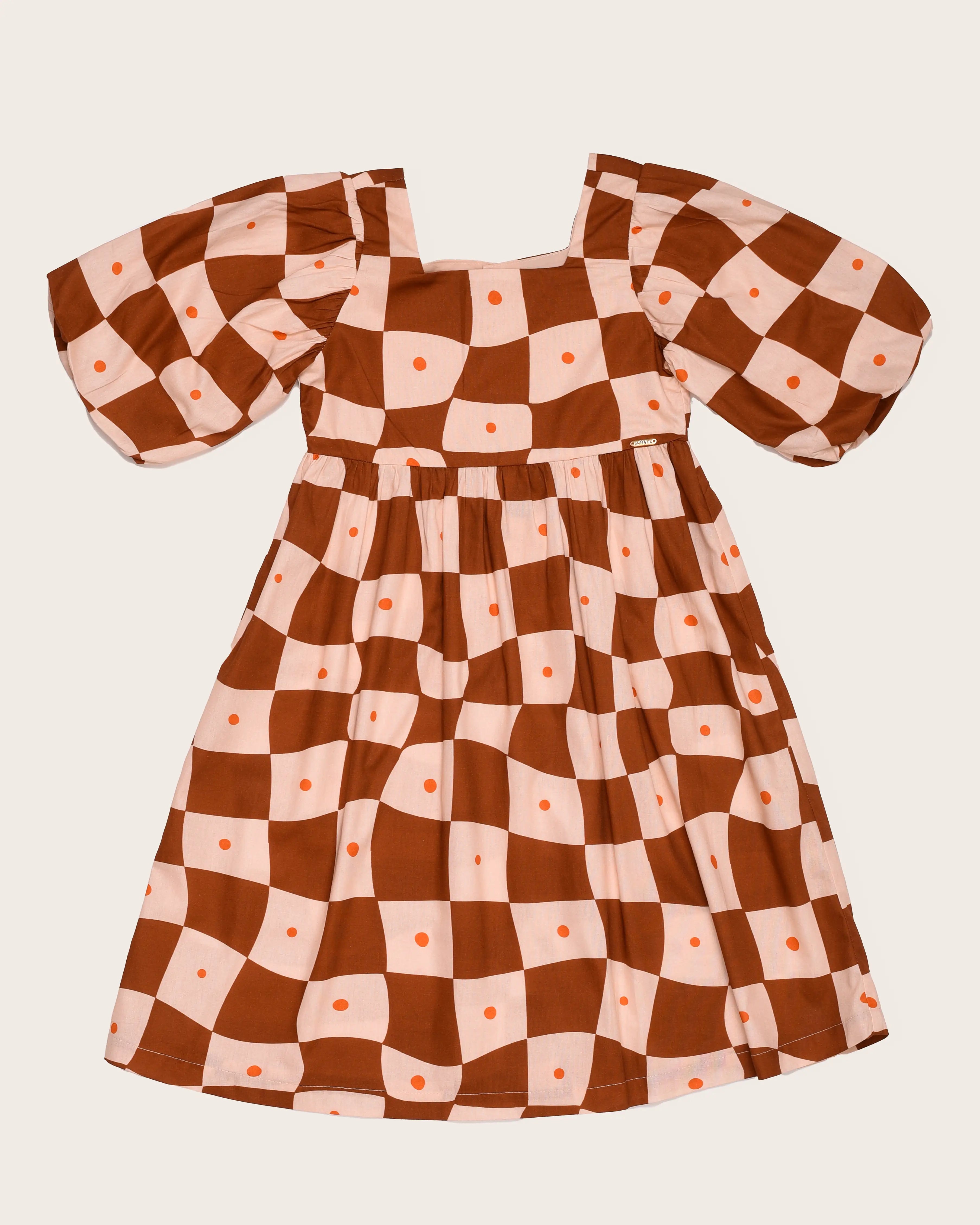Vestido com estampa Grid em tons de marrom e laranja infantil feminino Antonita para meninas 