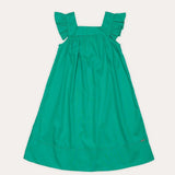 Vestido infantil verde com alças largas e babados, caimento solto