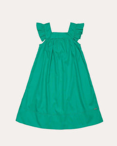 Vestido infantil verde com alças largas e babados, caimento solto