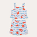 Conjunto infantil com blusa de alças e short com estampa de caranguejos em fundo azul