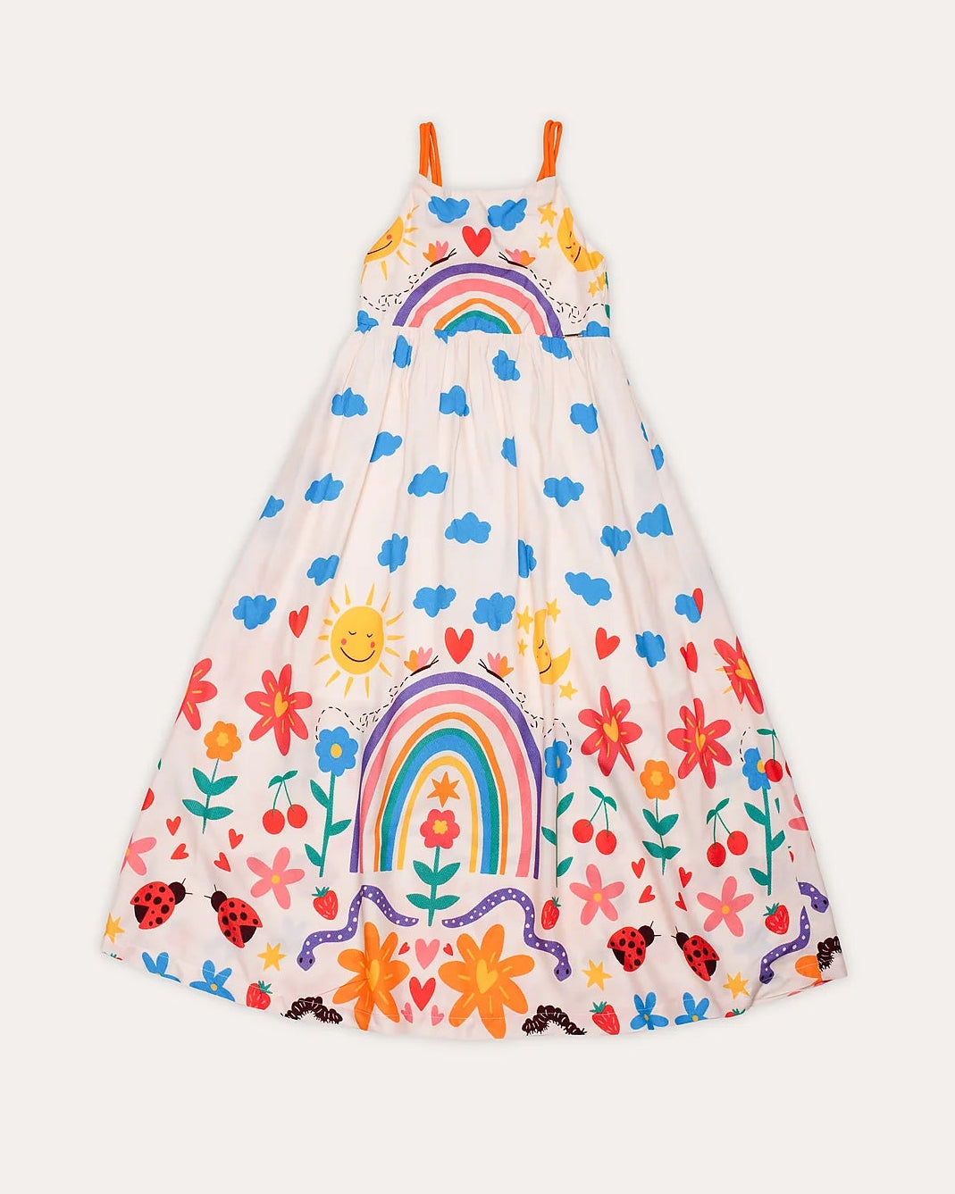 Vestido longo infantil com estampa de arco-íris, flores e nuvens coloridas