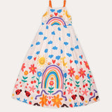 Vestido longo infantil com estampa de arco-íris, flores e nuvens coloridas