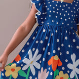 Vestido feminino infantil azul marinho com estampa de flores coloridas e alças largas