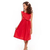 Vestido curto feminino infantil com alças largas e babados na parte frontal