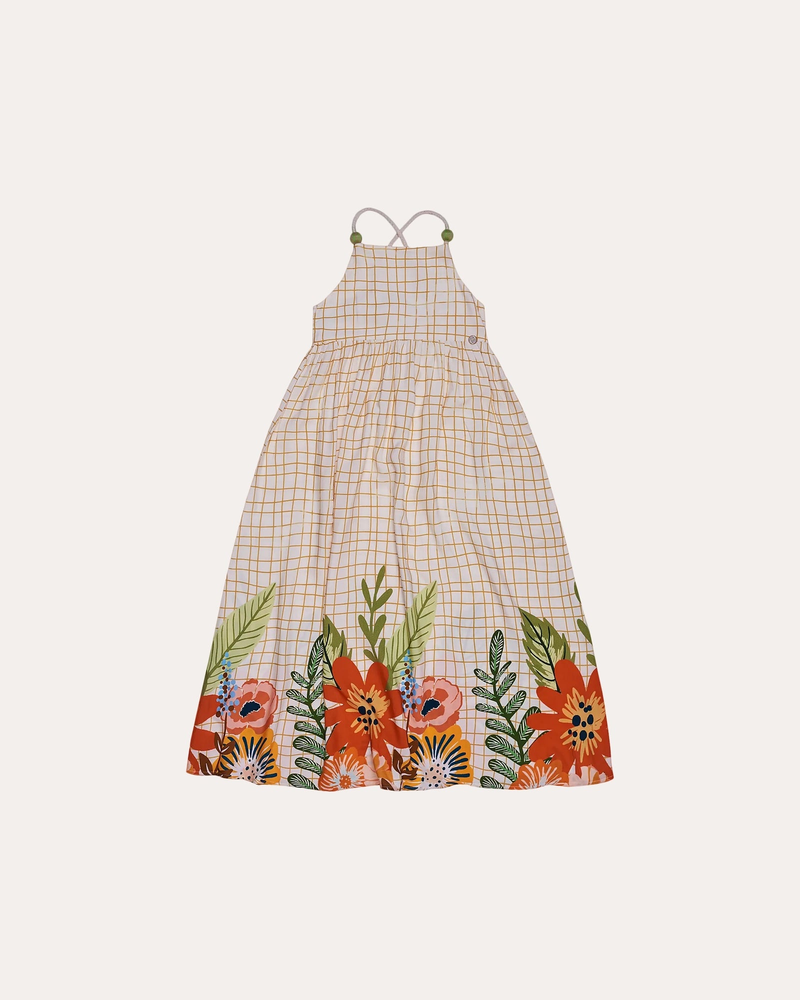 Vestido longo feminino infantil com estampa floral colorida e fundo xadrez