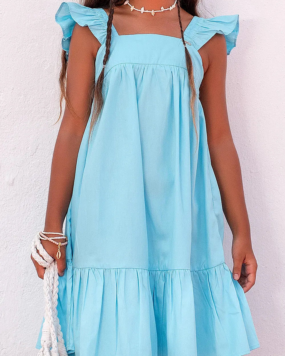 Vestido feminino infantil aquamarine com alças largas e babados na barra