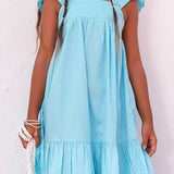 Vestido feminino infantil aquamarine com alças largas e babados na barra