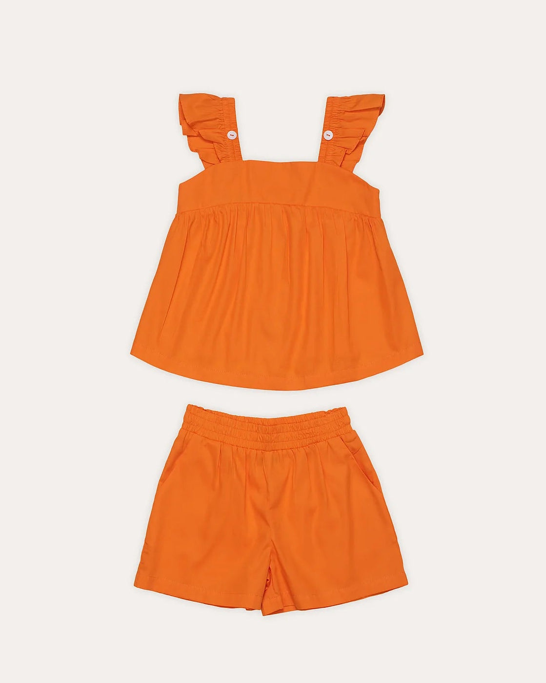Conjunto feminino infantil tangerina com blusa de alças largas e short leve