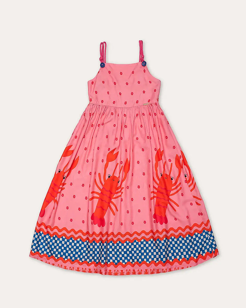 Vestido midi rosa com estampa de lagostas e saia rodada, feminino infantil