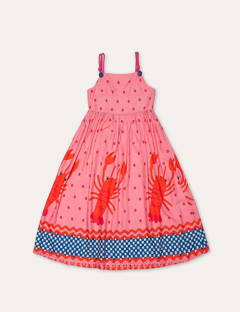 Vestido midi rosa com estampa de lagostas e saia rodada, alças finas, para meninas