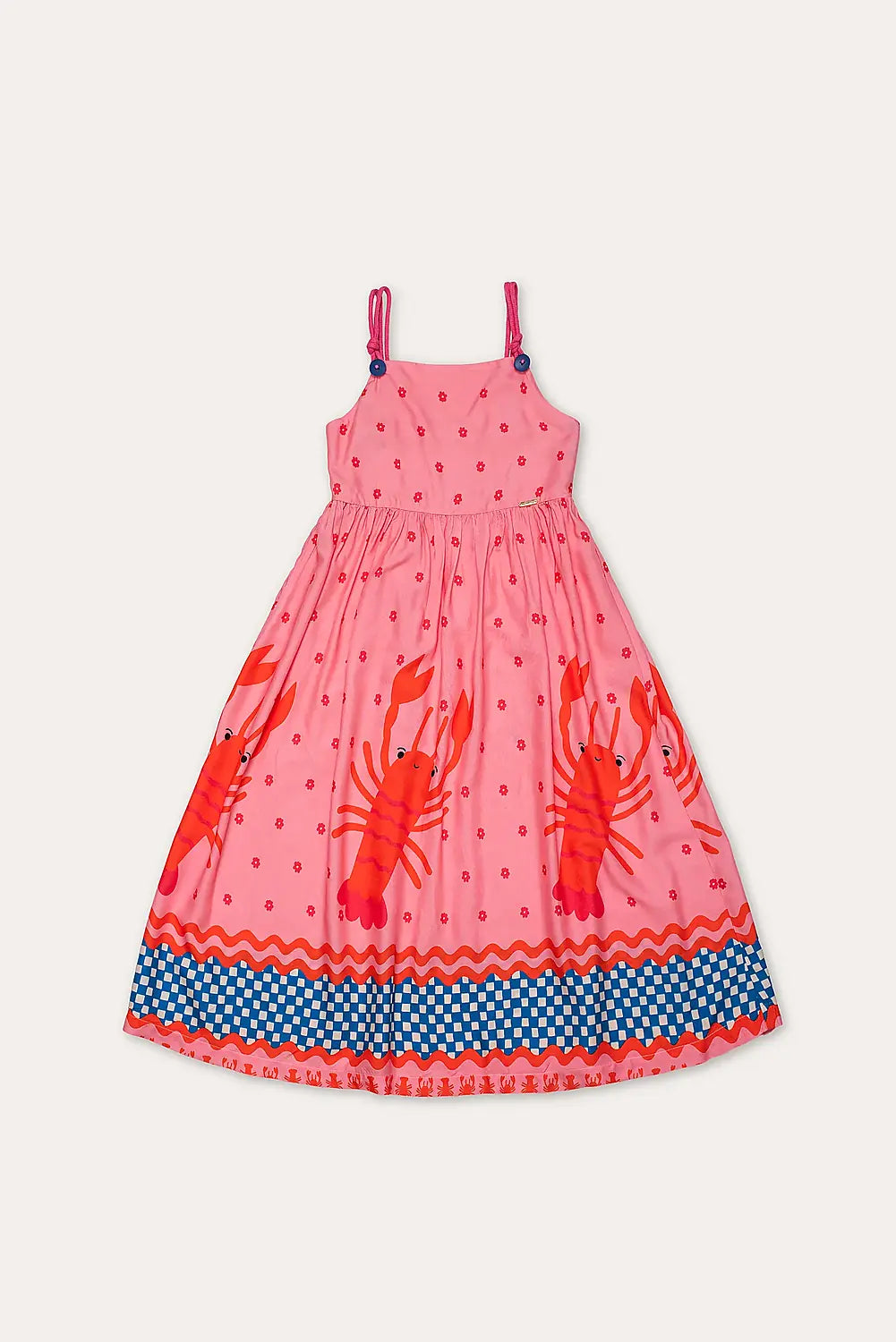 Vestido midi rosa com estampa de lagostas e saia rodada, alças finas, para meninas
