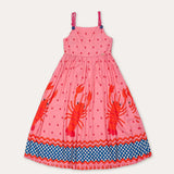 Vestido midi rosa com estampa de lagostas e saia rodada, alças finas, para meninas