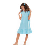 Vestido infantil feminino azul com mangas bufantes e saia de babado