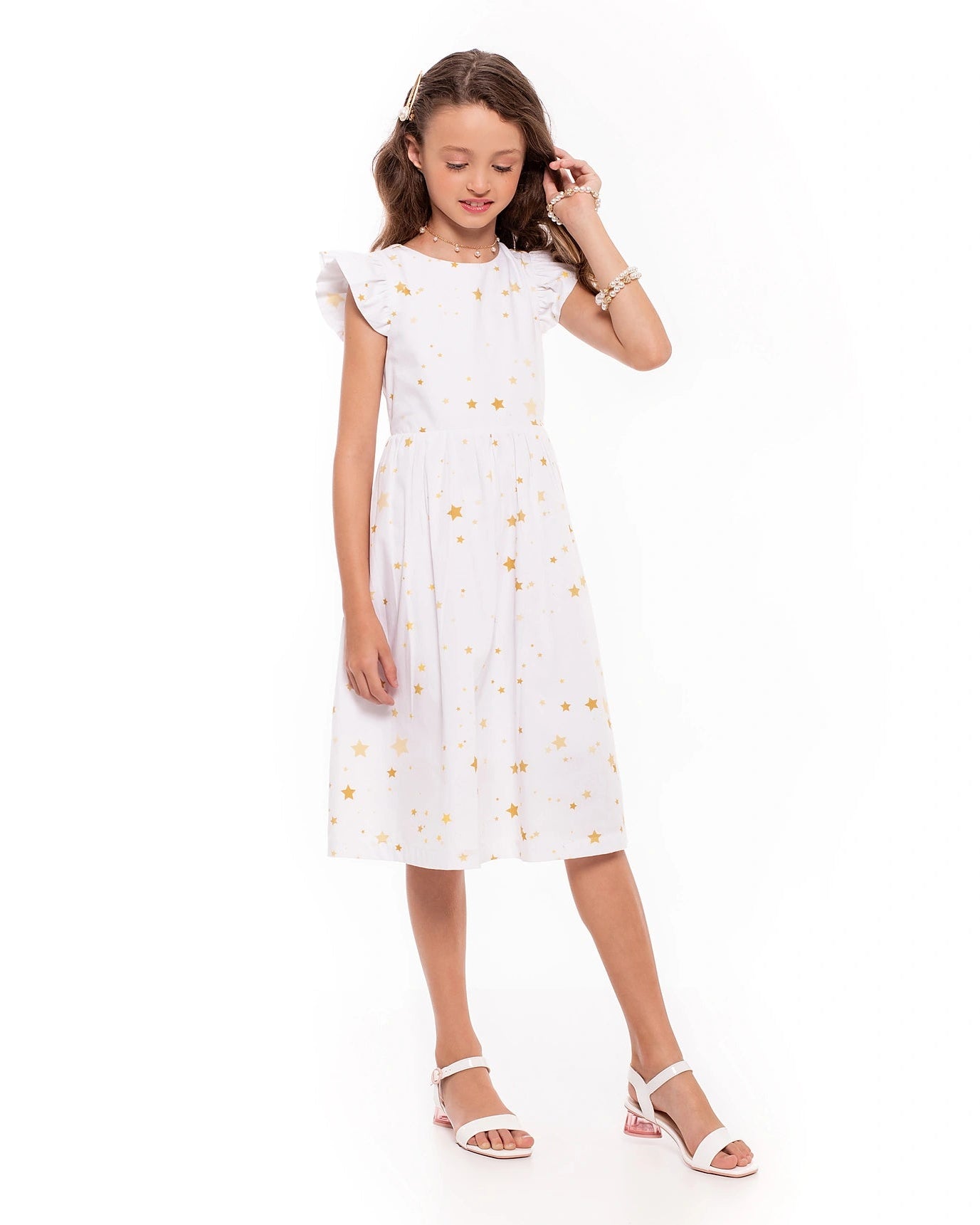 Vestido curto feminino infantil com alças largas, estampa de estrelas e saia ampla